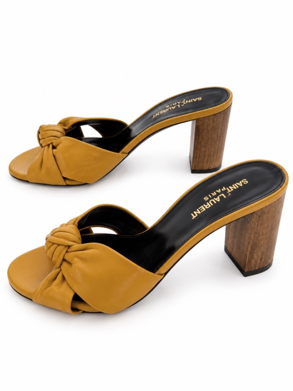Saint Laurent YSL Mustard Leather Knot Wood Heel Mules Sandals Size 37.5 - Picture 3 of 9